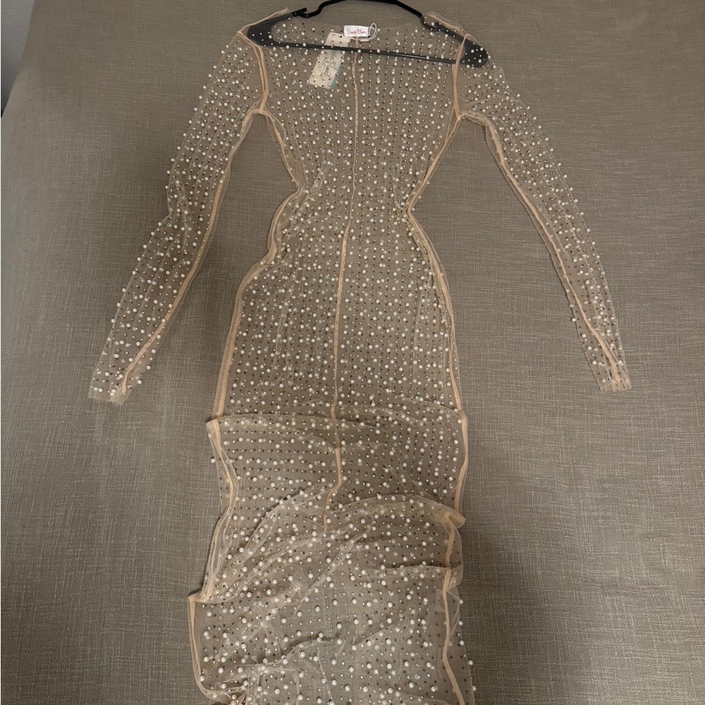 Beach Bunny Sheer Pearl Long Sleeve Dress